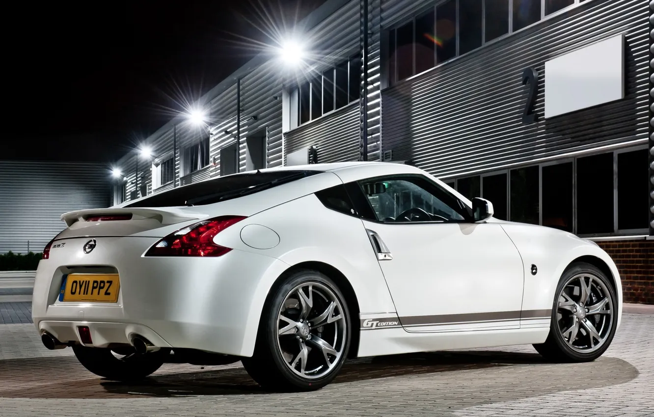 Photo wallpaper white, night, building, coupe, lights, Nissan, sports car, Nissan