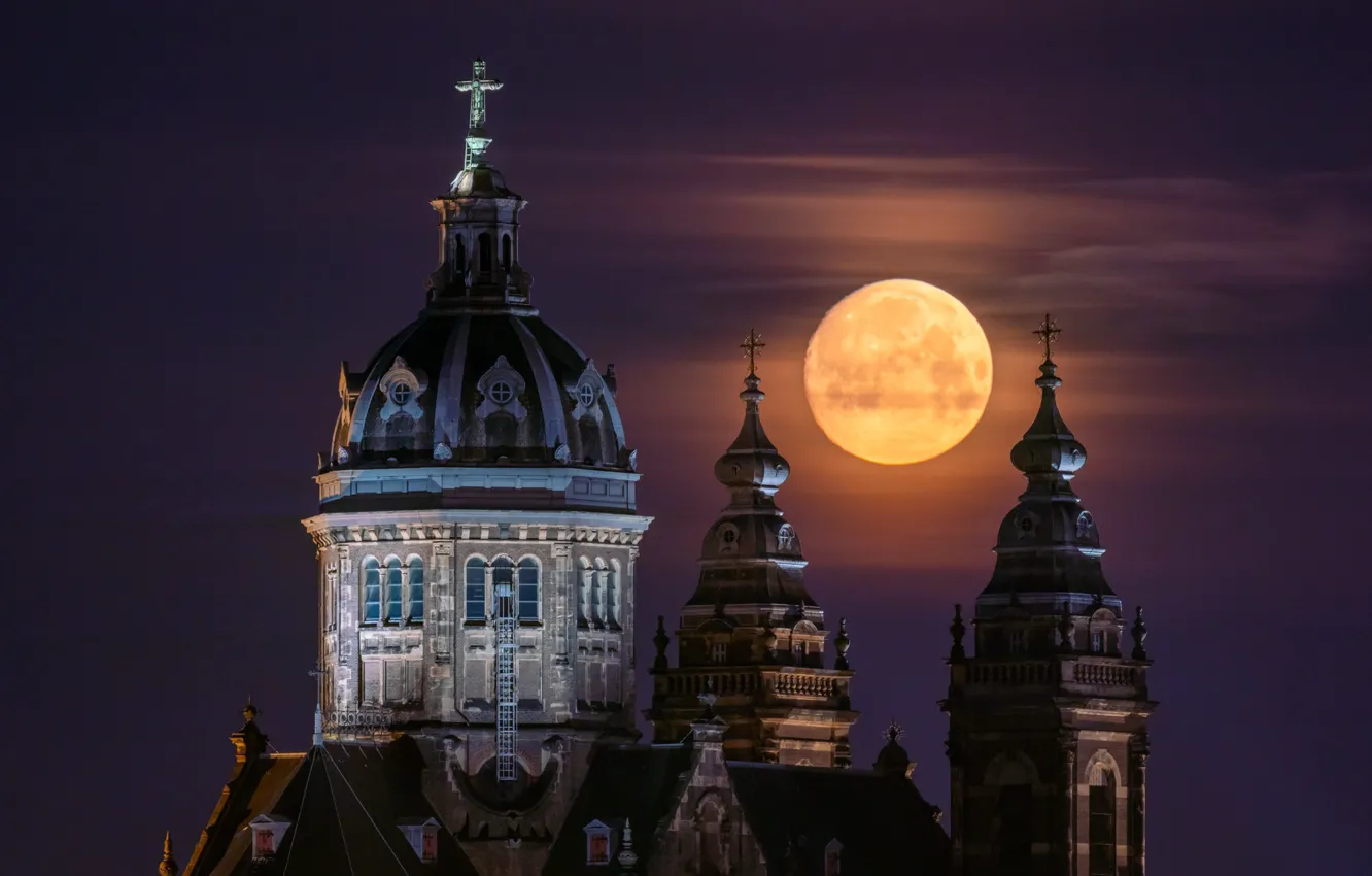 Photo wallpaper night, the moon, Amsterdam, Church, Netherlands, the dome, Amsterdam, Netherlands