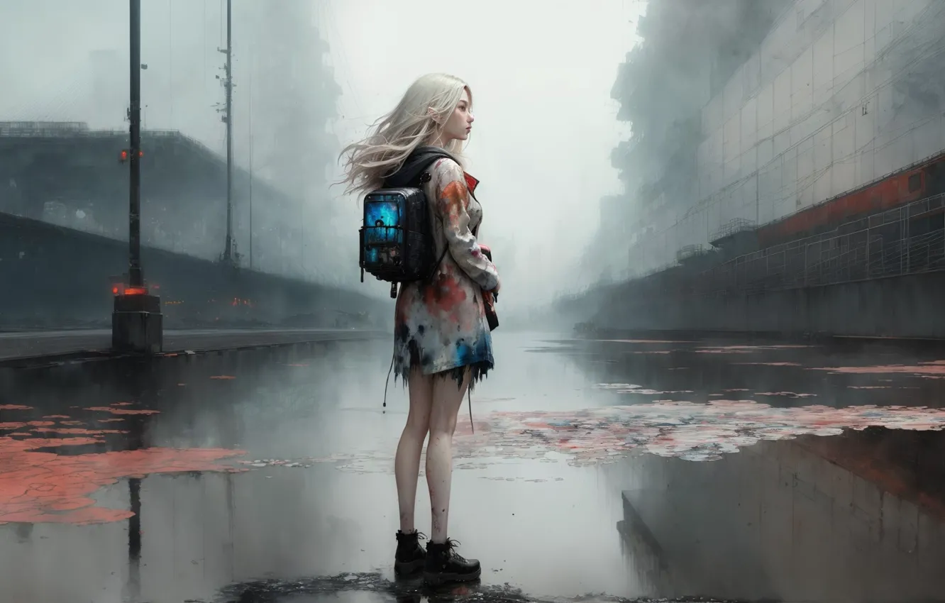 Photo wallpaper long hair, water, blonde, reflection, digital art, standing, watercolor, looking away