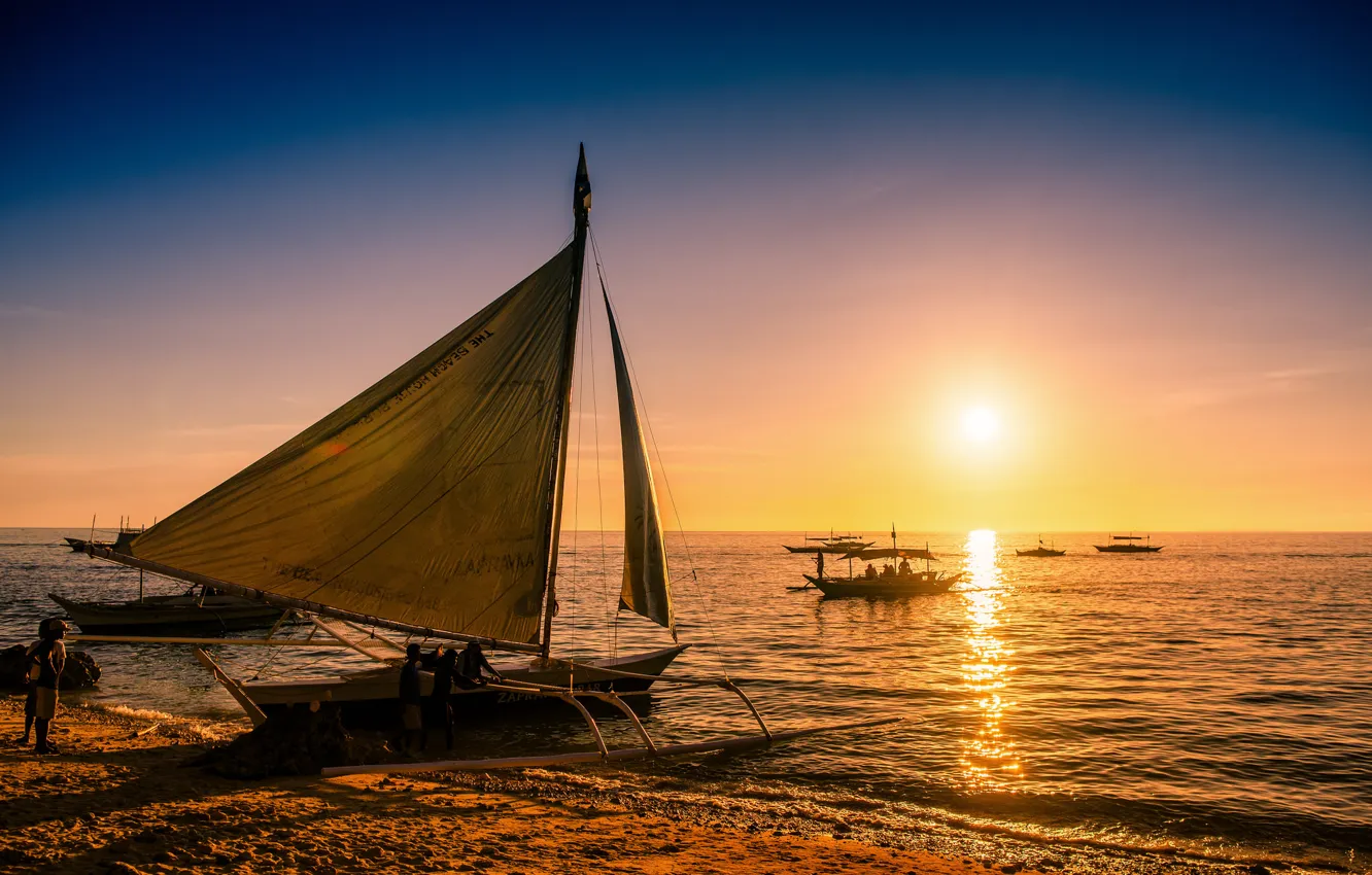 Photo wallpaper sea, sunset, boats, Philippines, Philippines, Boracay, Boracay, paraw
