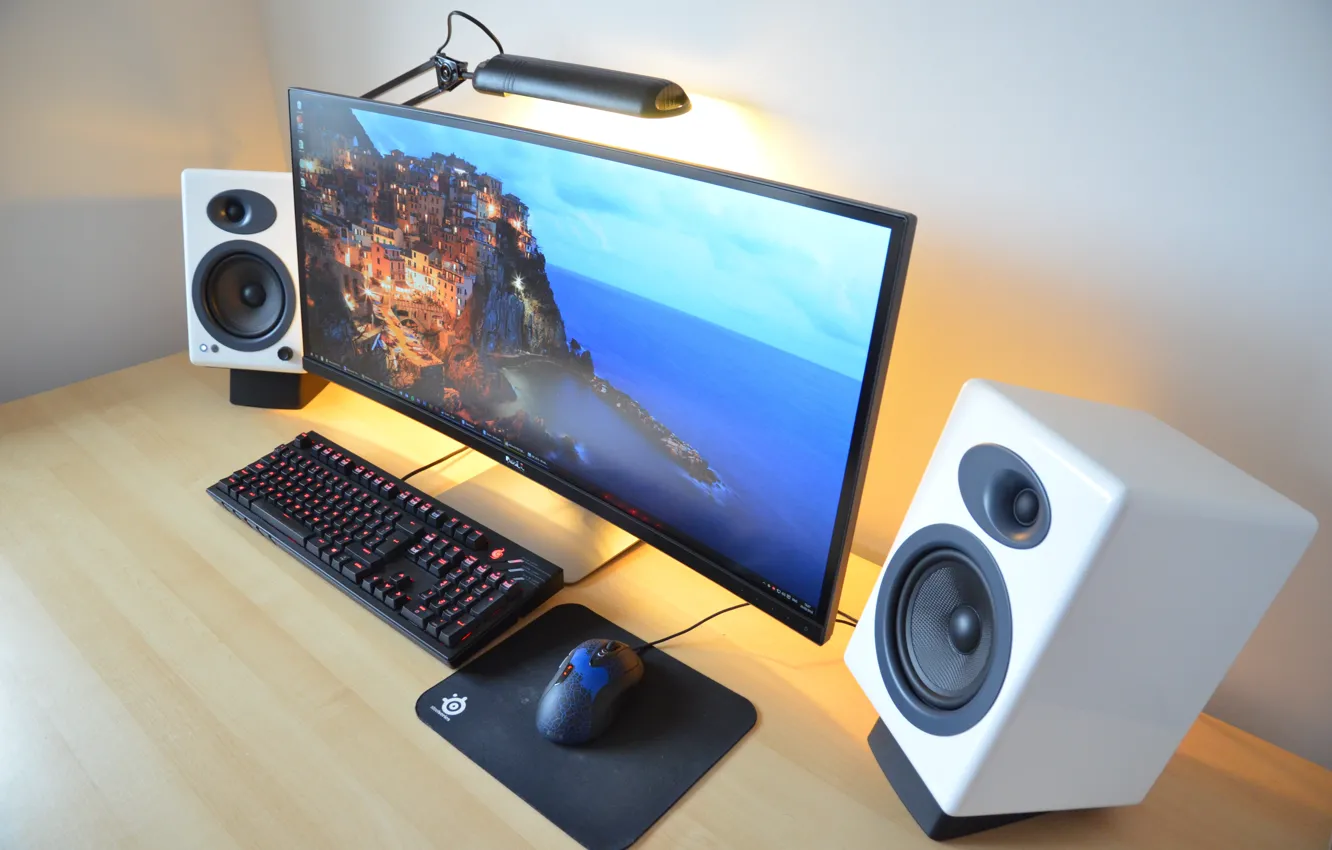 Photo wallpaper mouse, keyboard, elegant pedestal, Desktop pc, curved monitor