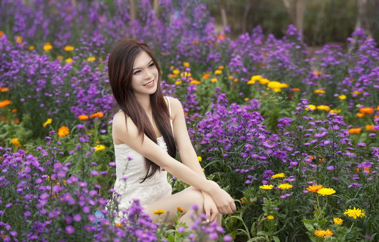 Photo wallpaper summer, girl, flowers