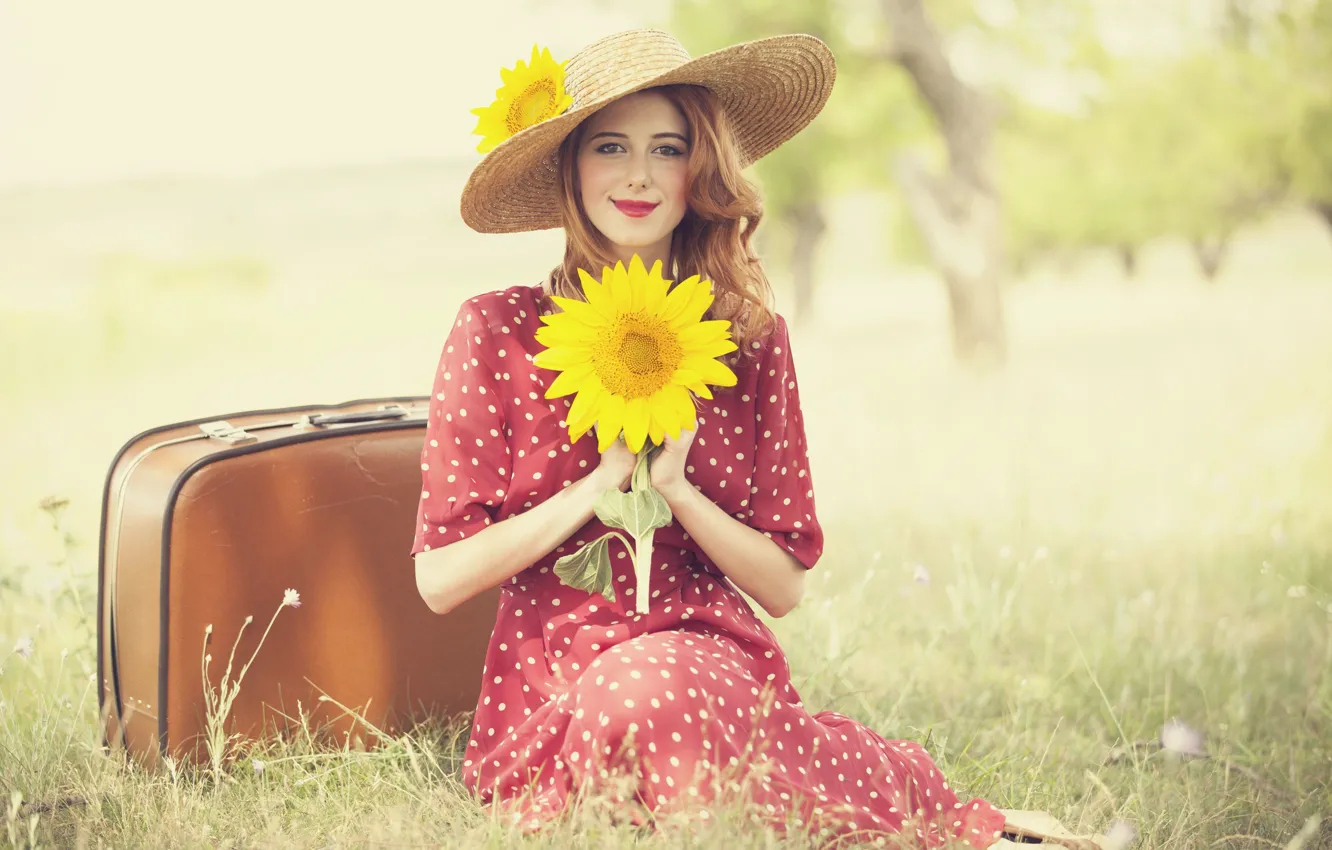 Photo wallpaper look, nature, pose, smile, Girl, dress, red
