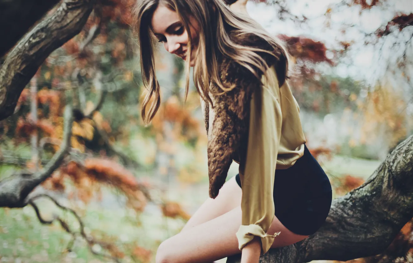 Photo wallpaper girl, trees, hair, shorts
