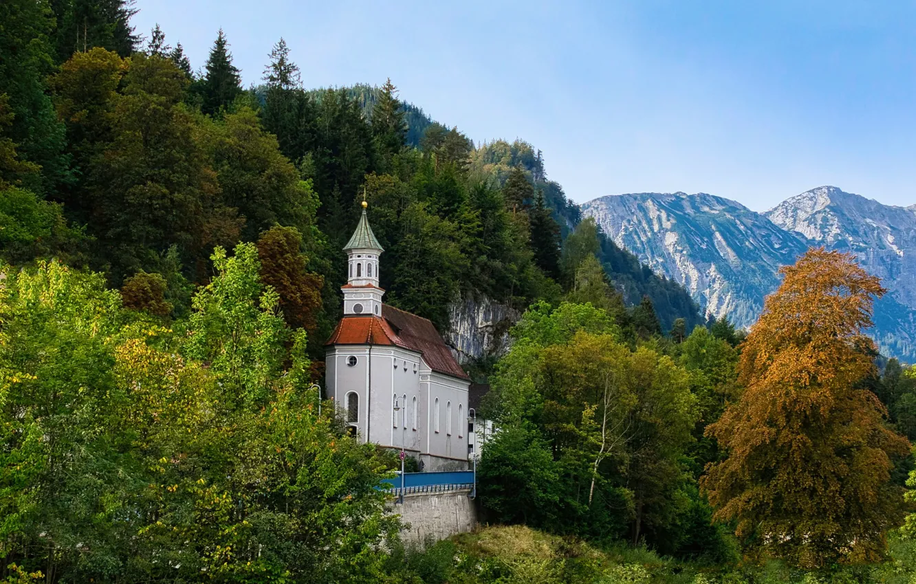 Photo wallpaper forest, landscape, mountains, the city, Germany, Bayern, Church, Füssen