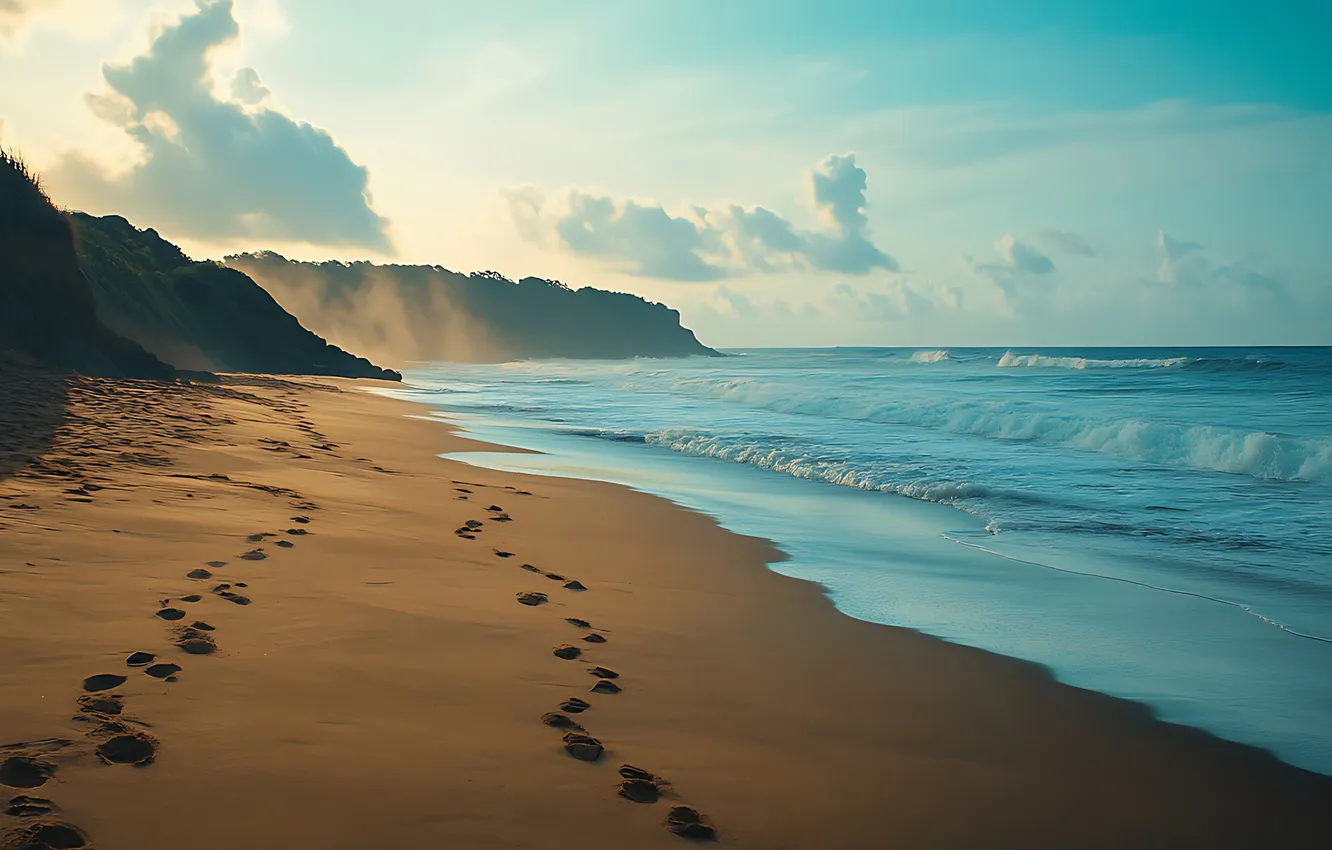 Photo wallpaper sand, sea, wave, beach, the sky, clouds, landscape, traces
