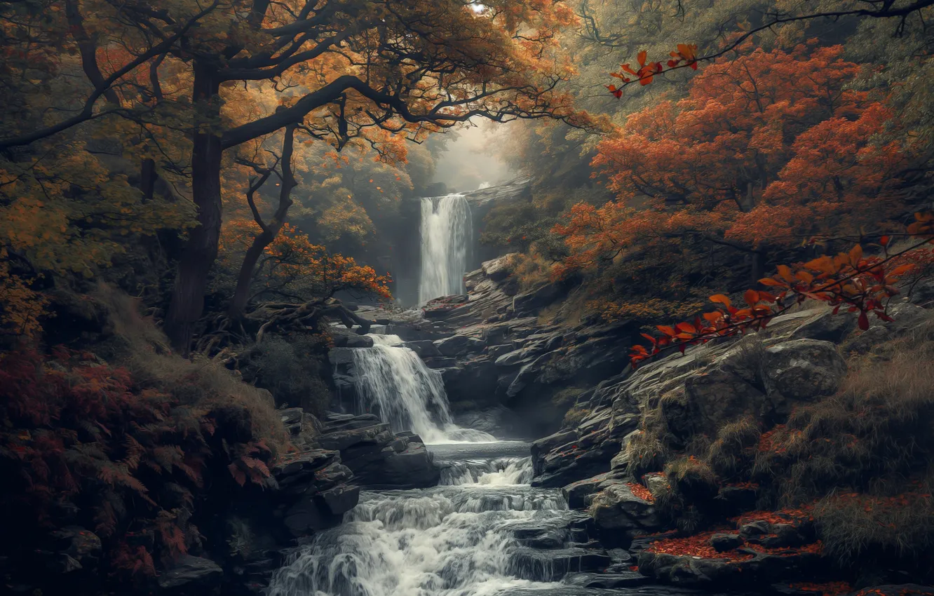 Photo wallpaper autumn, forest, waterfall, AI art, neural network