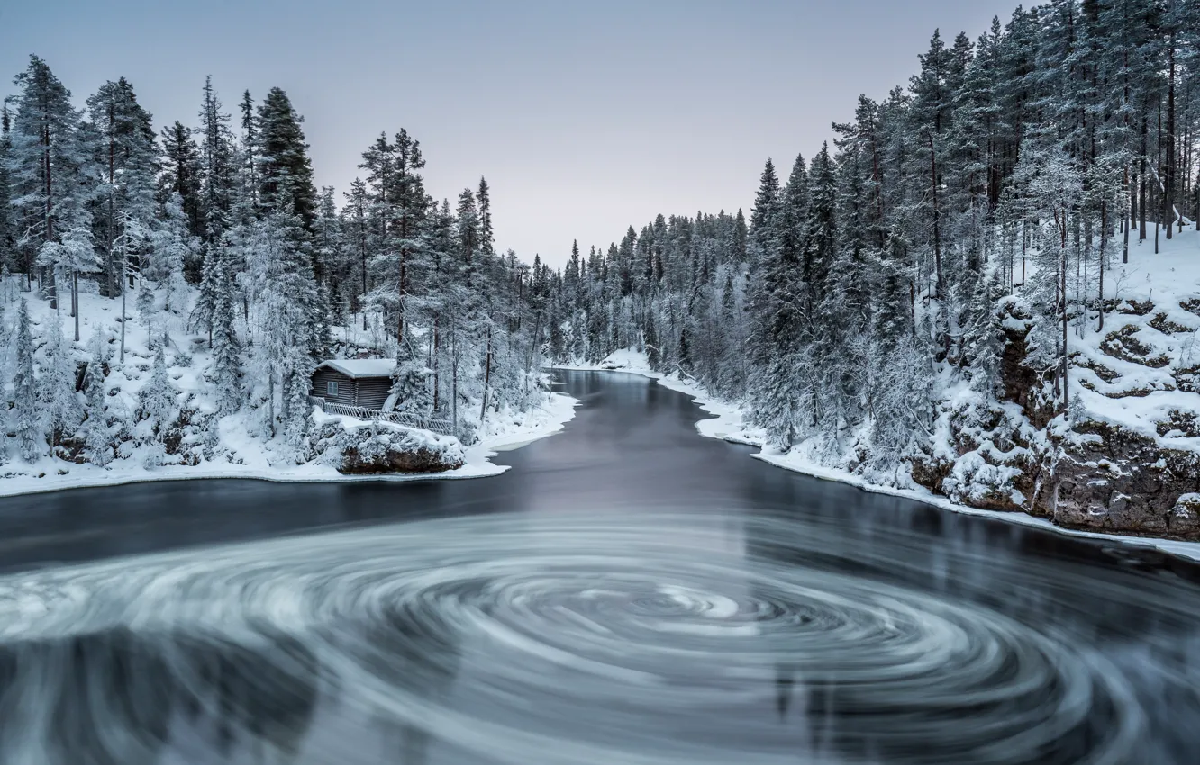 Photo wallpaper winter, forest, nature, river, finland, in kuusamo, myllykoski