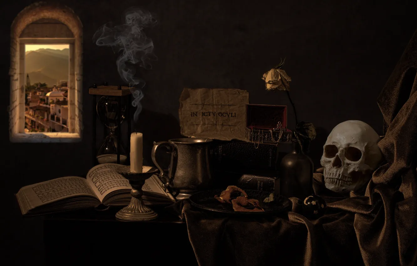 Photo wallpaper style, notes, the dark background, table, smoke, rose, skull, candle