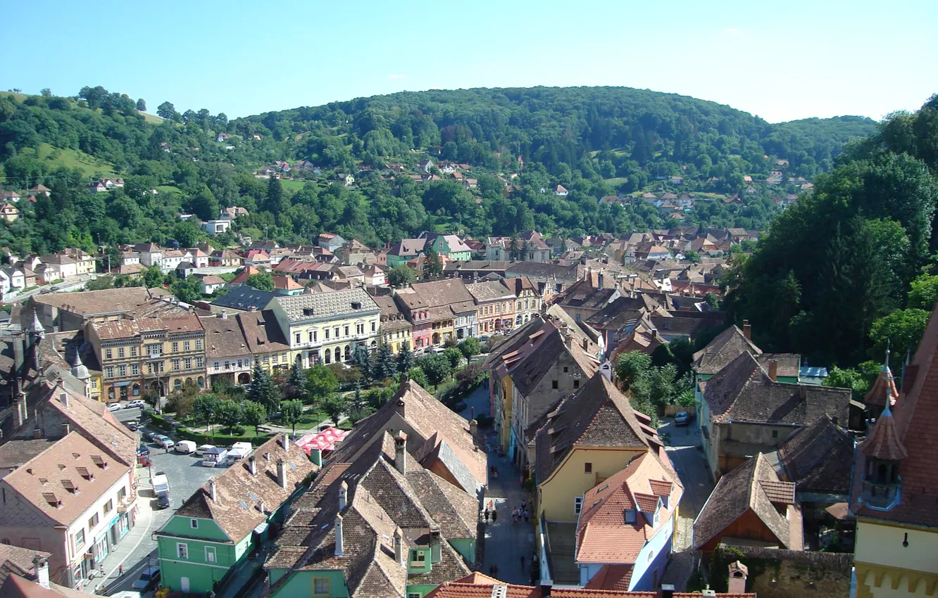 Photo wallpaper the sky, mountains, the city, home, valley