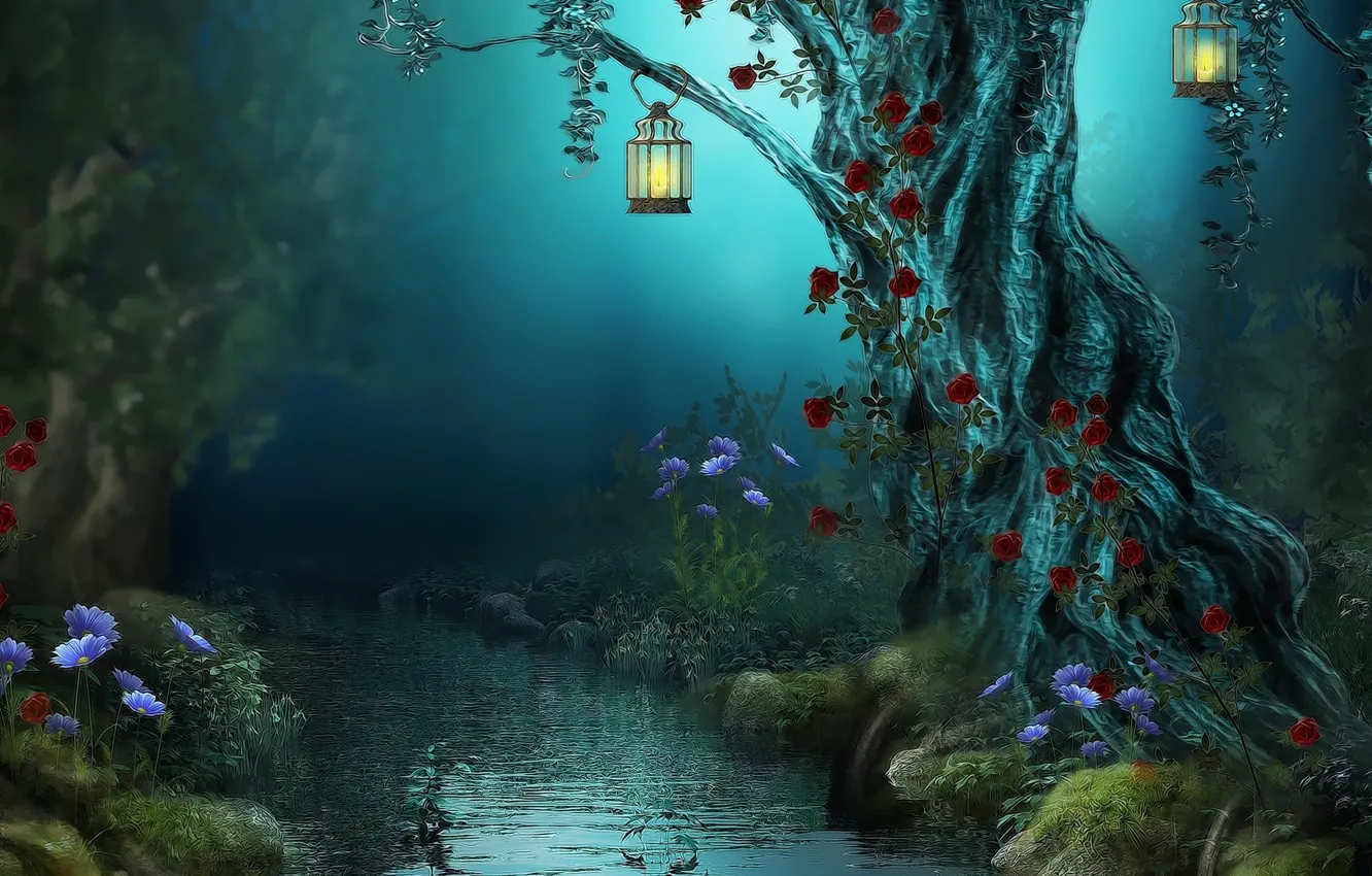 Photo wallpaper flowers, night, nature, stream, lights, magic forest, old tree