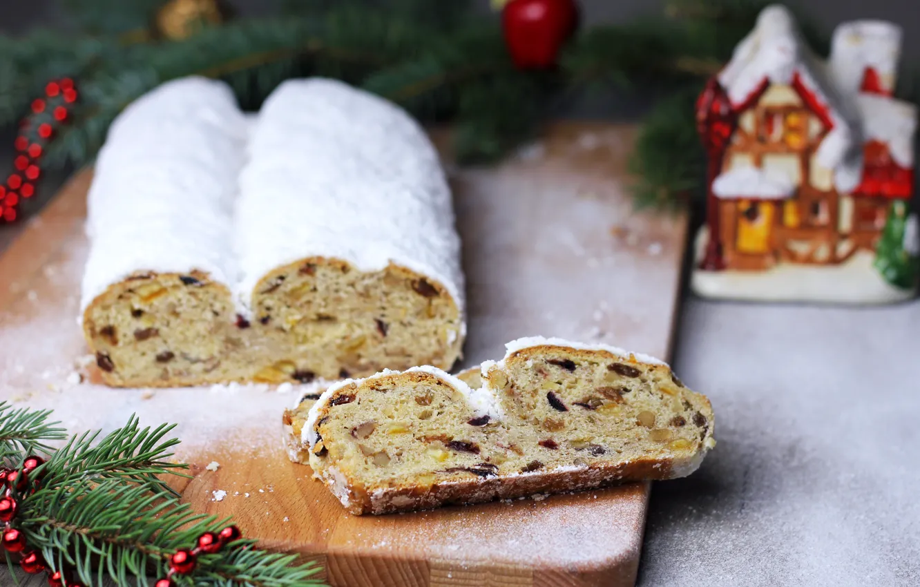 Photo wallpaper branches, holiday, new year, bread, Christmas, beads, needles, dessert