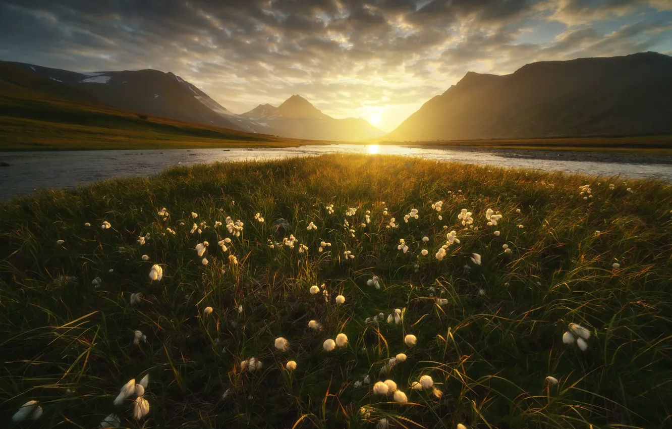 Photo wallpaper grass, the sun, landscape, sunset, mountains, nature, river, tundra