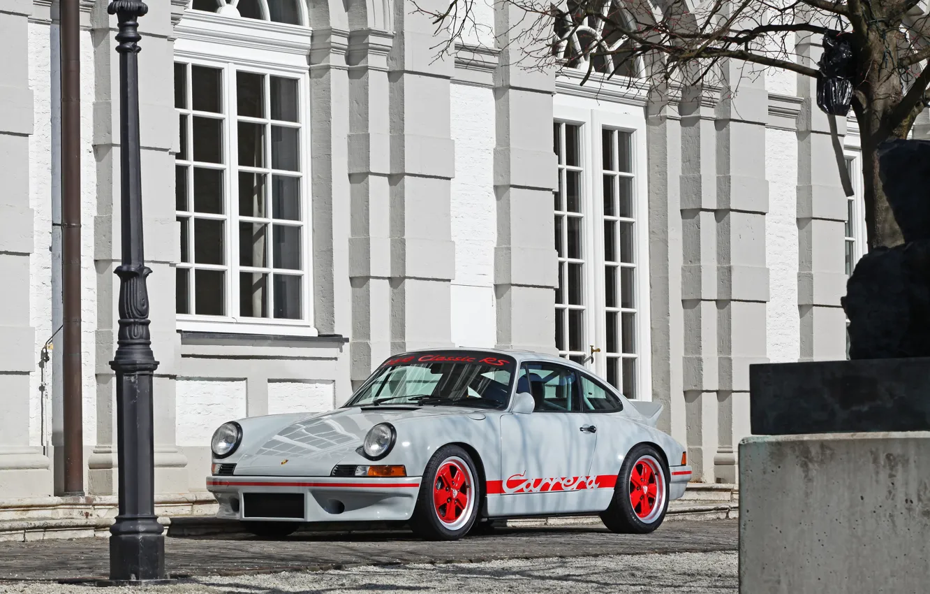 Photo wallpaper Porsche, Porsche 911, Front, Coupe, Grey, 964, Sportcar, Red Wheels