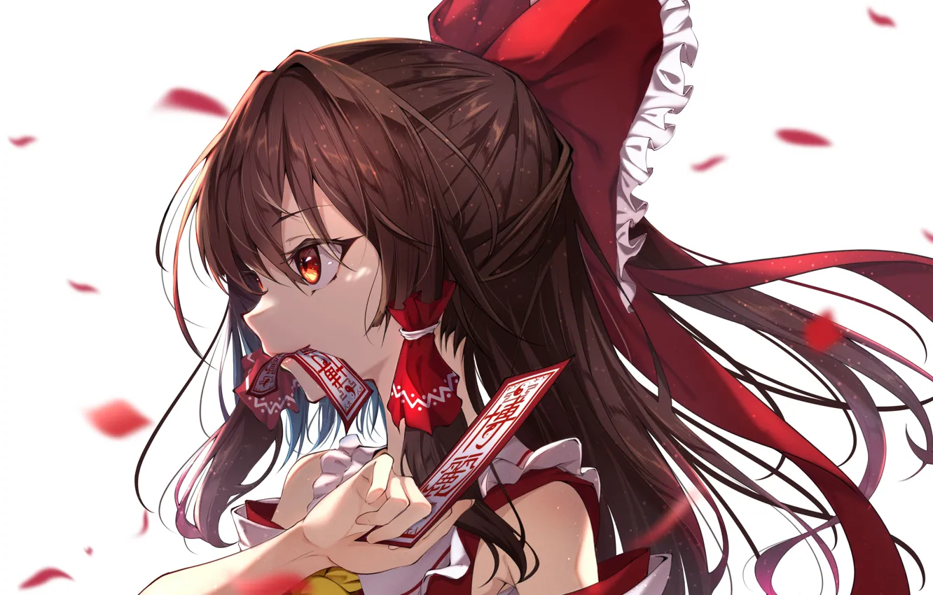 Photo wallpaper girl, petals, Touhou Project, Reimu Hakurei, ofuda