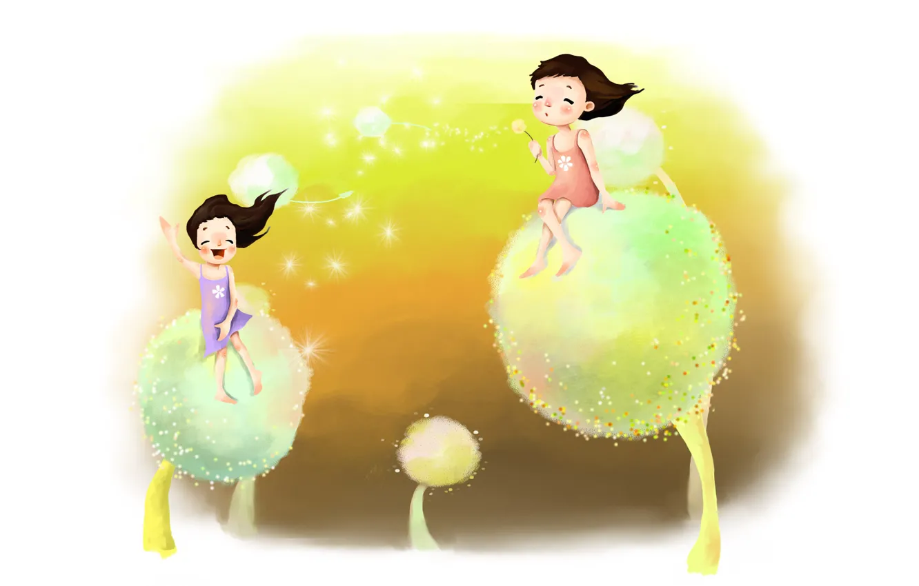 Photo wallpaper dream, joy, childhood, dandelion, the wind, figure, laughter, positive
