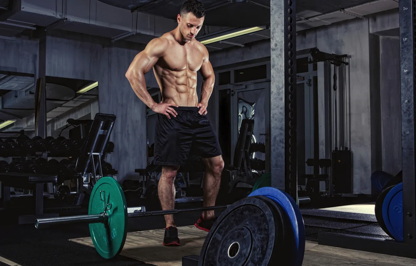 Photo wallpaper hall, fitness, pancakes, muscle, rod, muscles, press, Sport