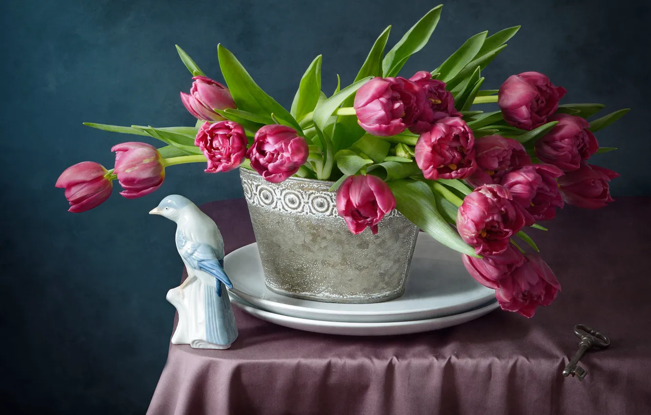 Photo wallpaper flowers, table, bouquet, spring, key, tulips, plates, fabric