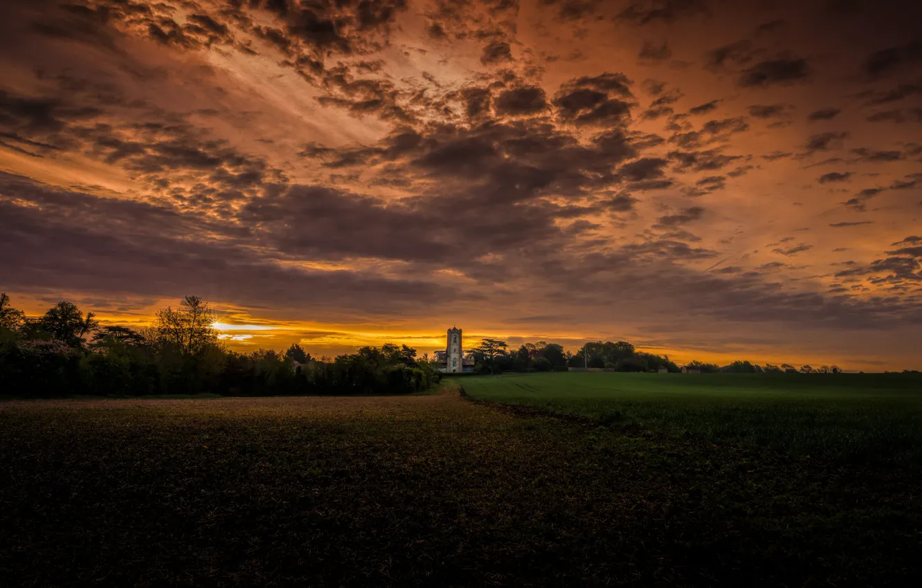 Photo wallpaper field, the sky, clouds, sunset, castle, dal, the evening, twilight