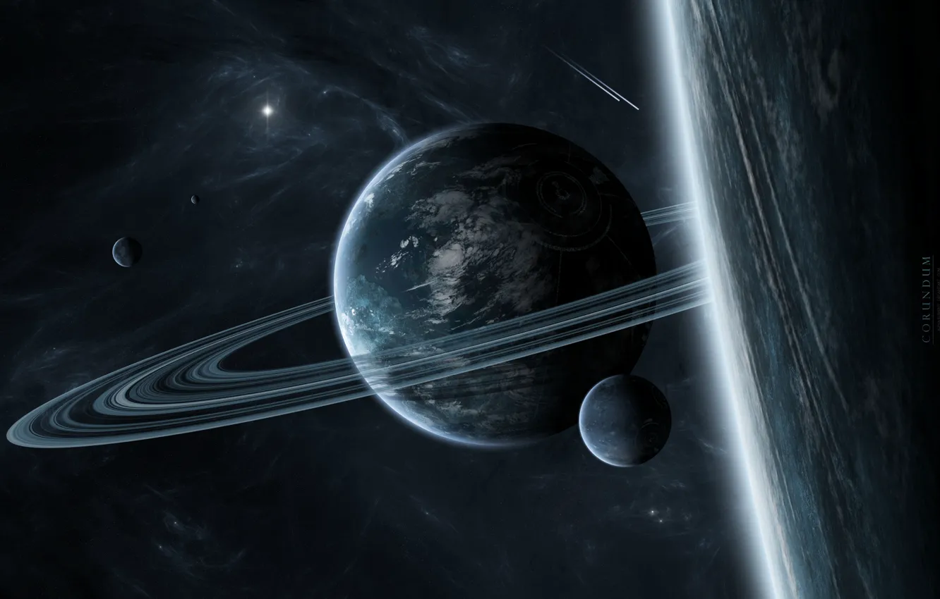 Photo wallpaper planet, ring, satellites, star system, interstellar gas