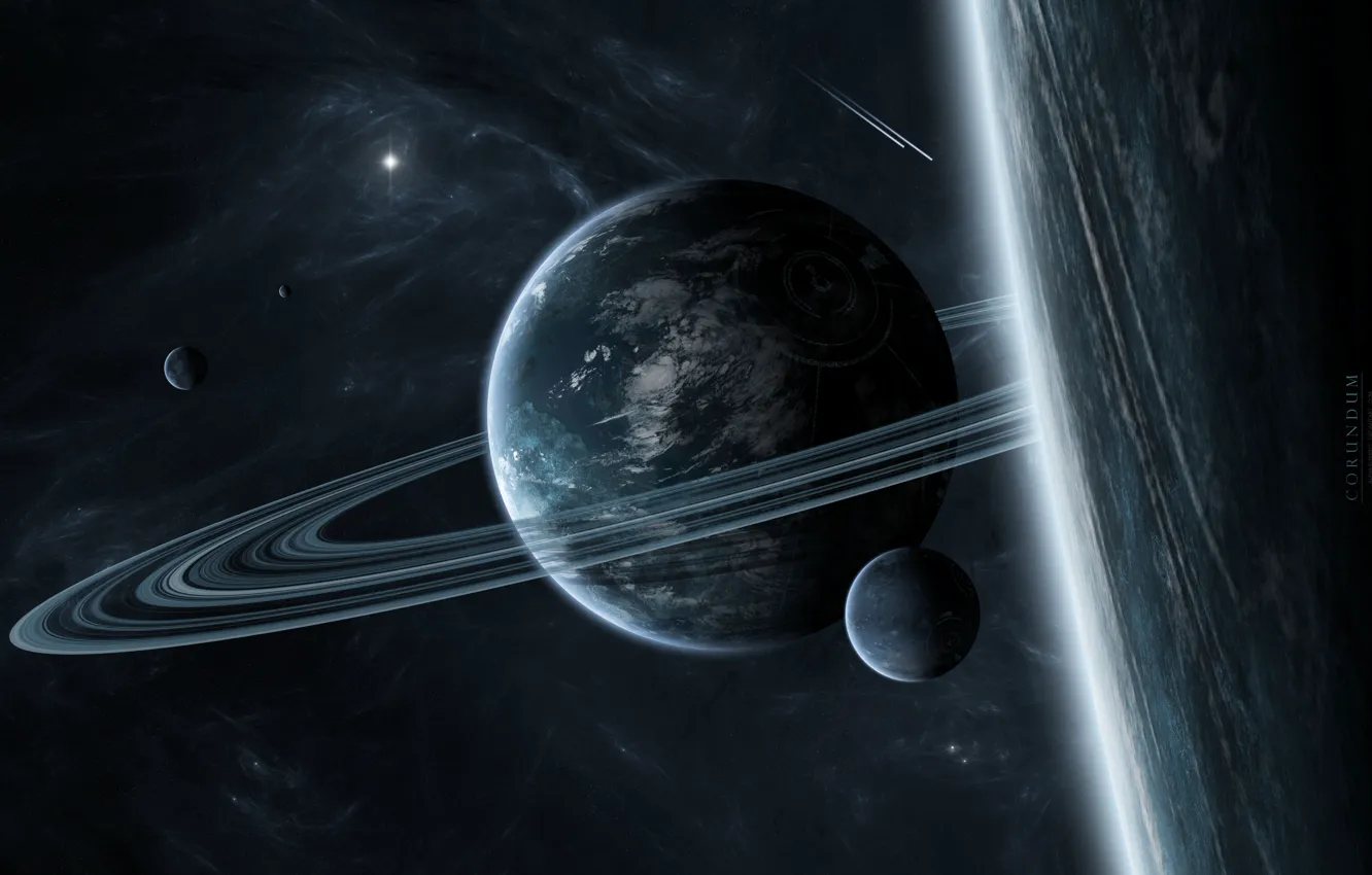 Photo wallpaper planet, satellite, ring, star system, interstellar gas