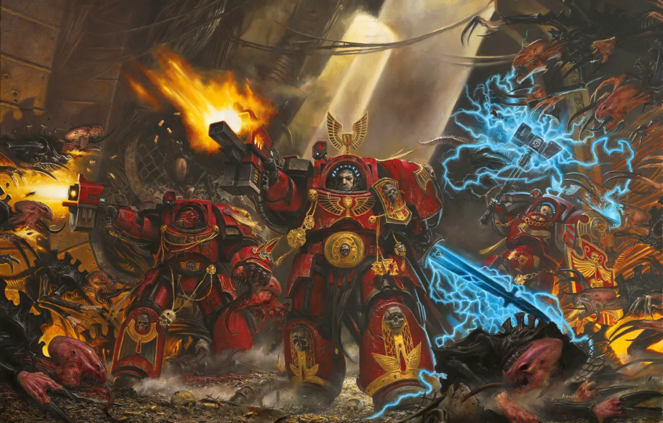 Photo wallpaper angel, armor, terminator, hammer, blood, shield, warhammer 40k, space Marines