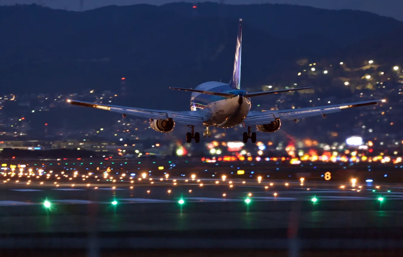 Photo wallpaper night, lights, airport, the plane, Airbus, landing