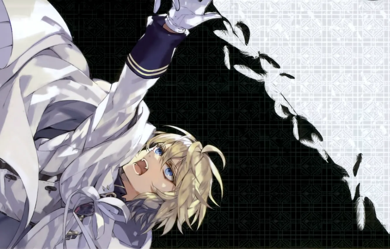 Photo wallpaper feathers, gloves, vampire, blue eyes, cloak, Creek, art, military uniform