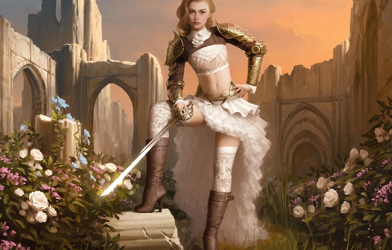 Photo wallpaper girl, flowers, stones, castle, roses, stockings, boots, art