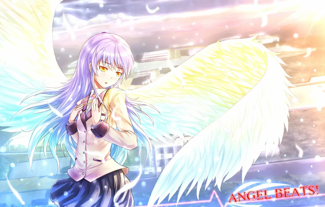 Photo wallpaper girl, clouds, the city, home, wings, anime, art, angel beats!