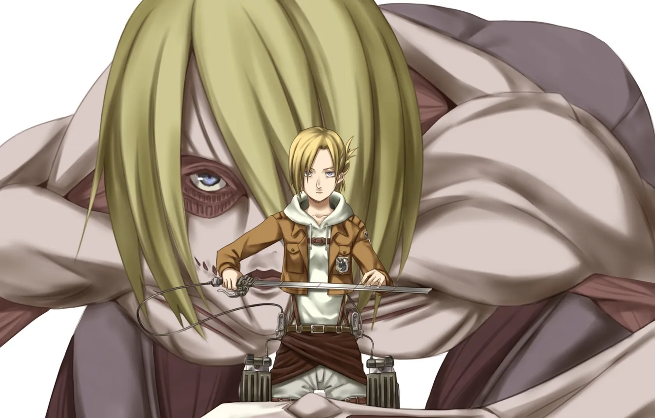 Photo wallpaper look, girl, weapons, soldiers, giant, art, simple background, Shingeki no Kyojin