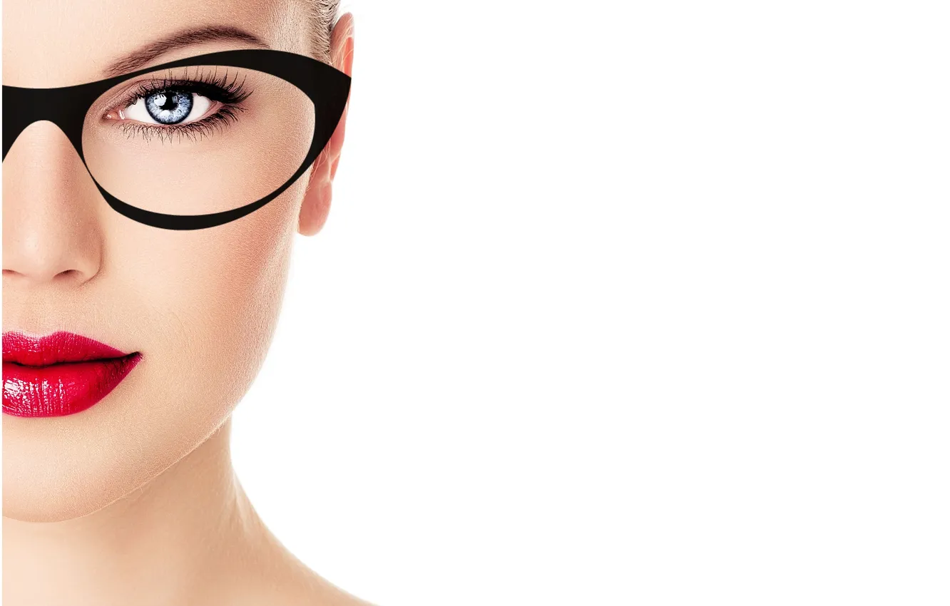 Photo wallpaper look, girl, face, glasses, white background, blue eyes, socket