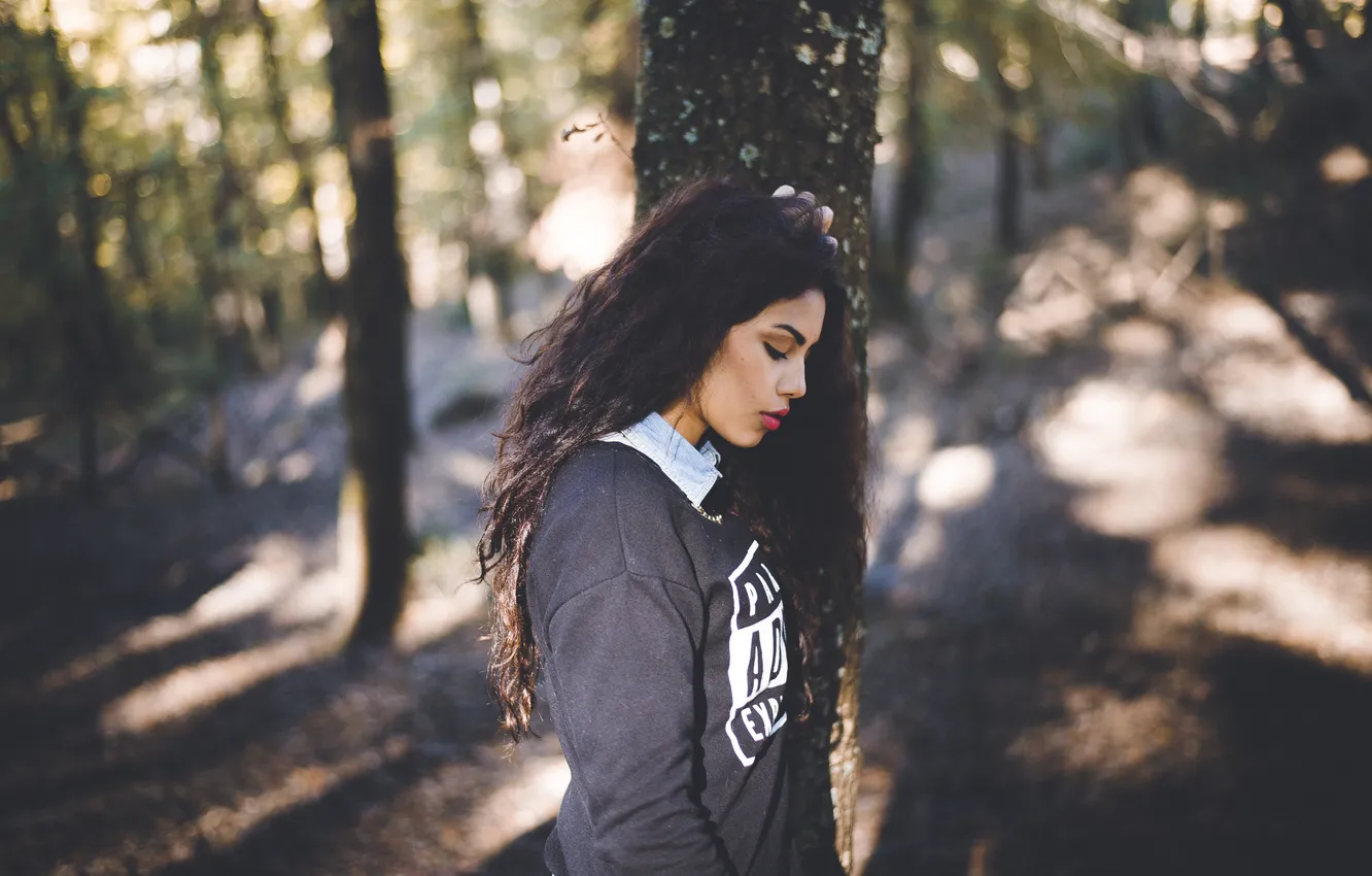 Photo wallpaper forest, girl, trees, hair, lips, profile
