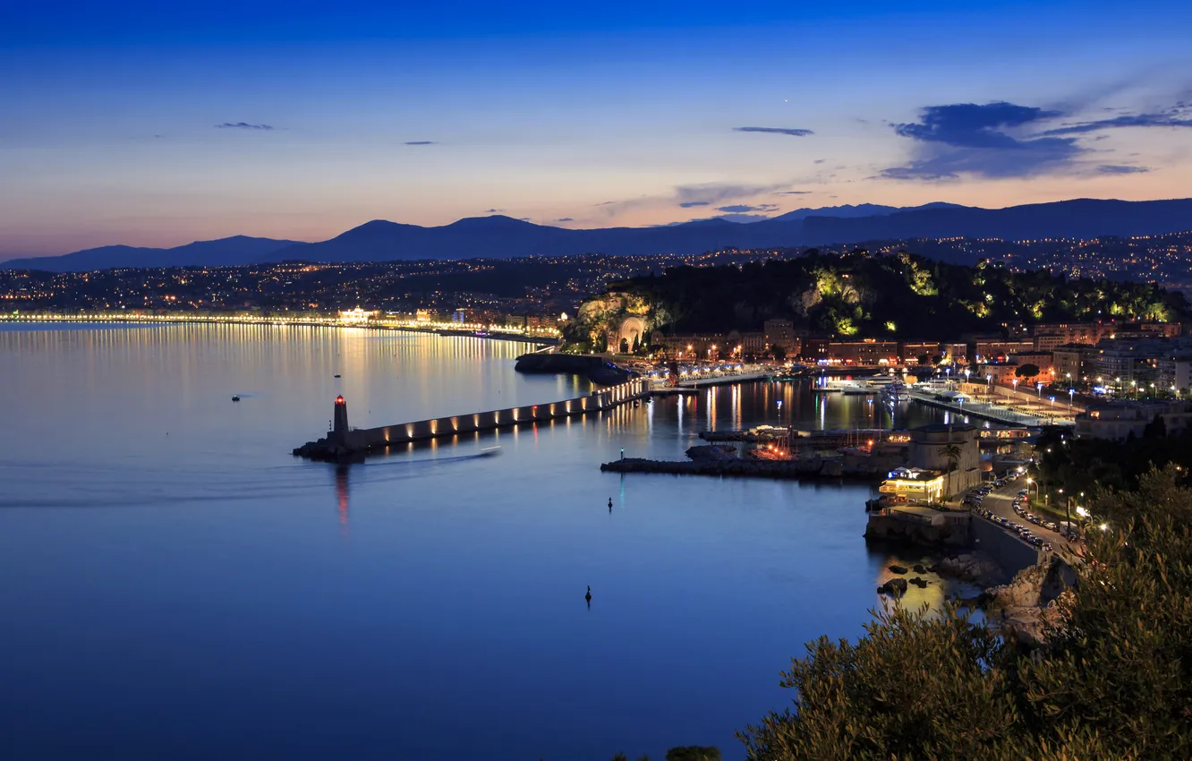 Photo wallpaper sea, mountains, night, lights, France, lighthouse, home, promenade