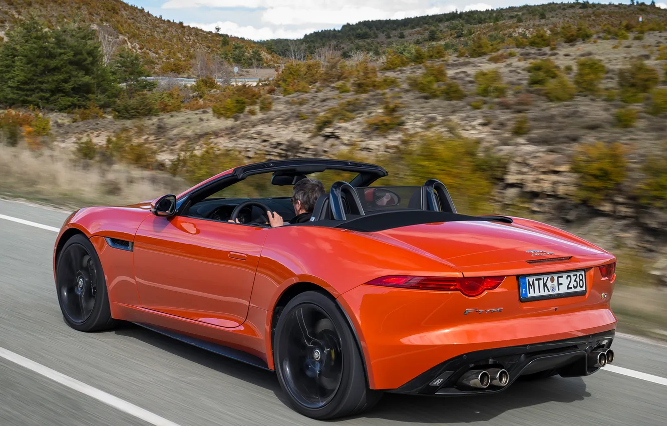 Photo wallpaper Jaguar, speed, orange, Sportcar, F-Type, V8 S