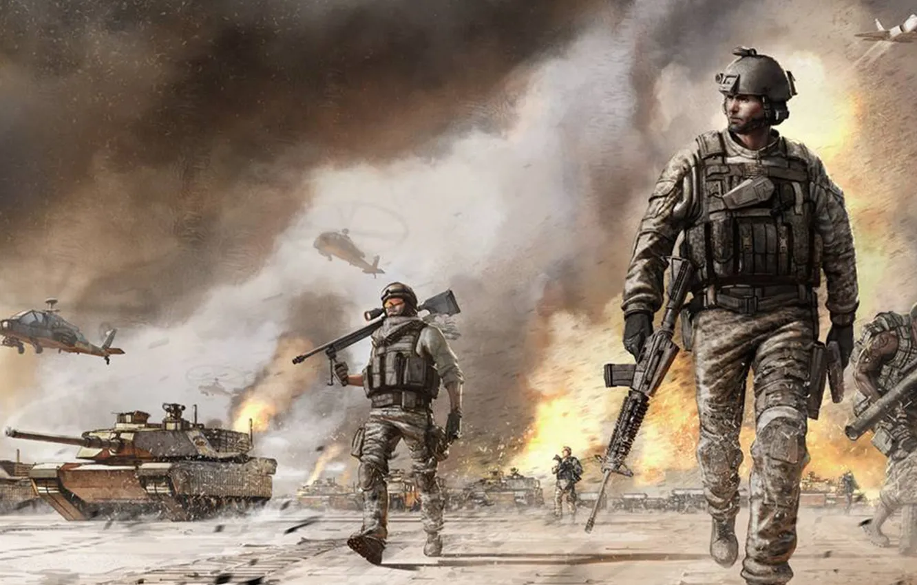 Photo wallpaper the game, fighter, soldiers, tank, helicopter, modern war