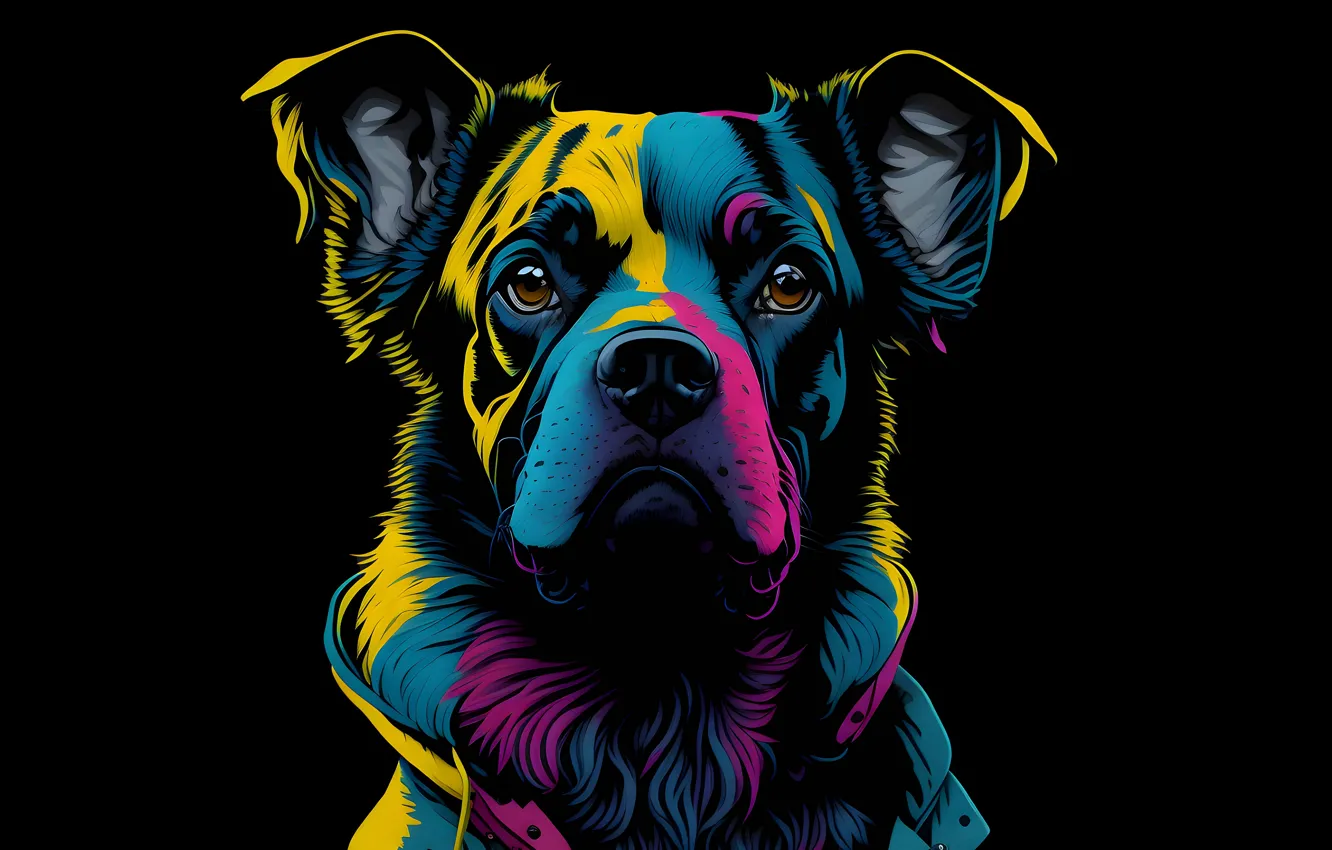 Photo wallpaper colorful, minimalism, art, dog, face, rendering, dark background