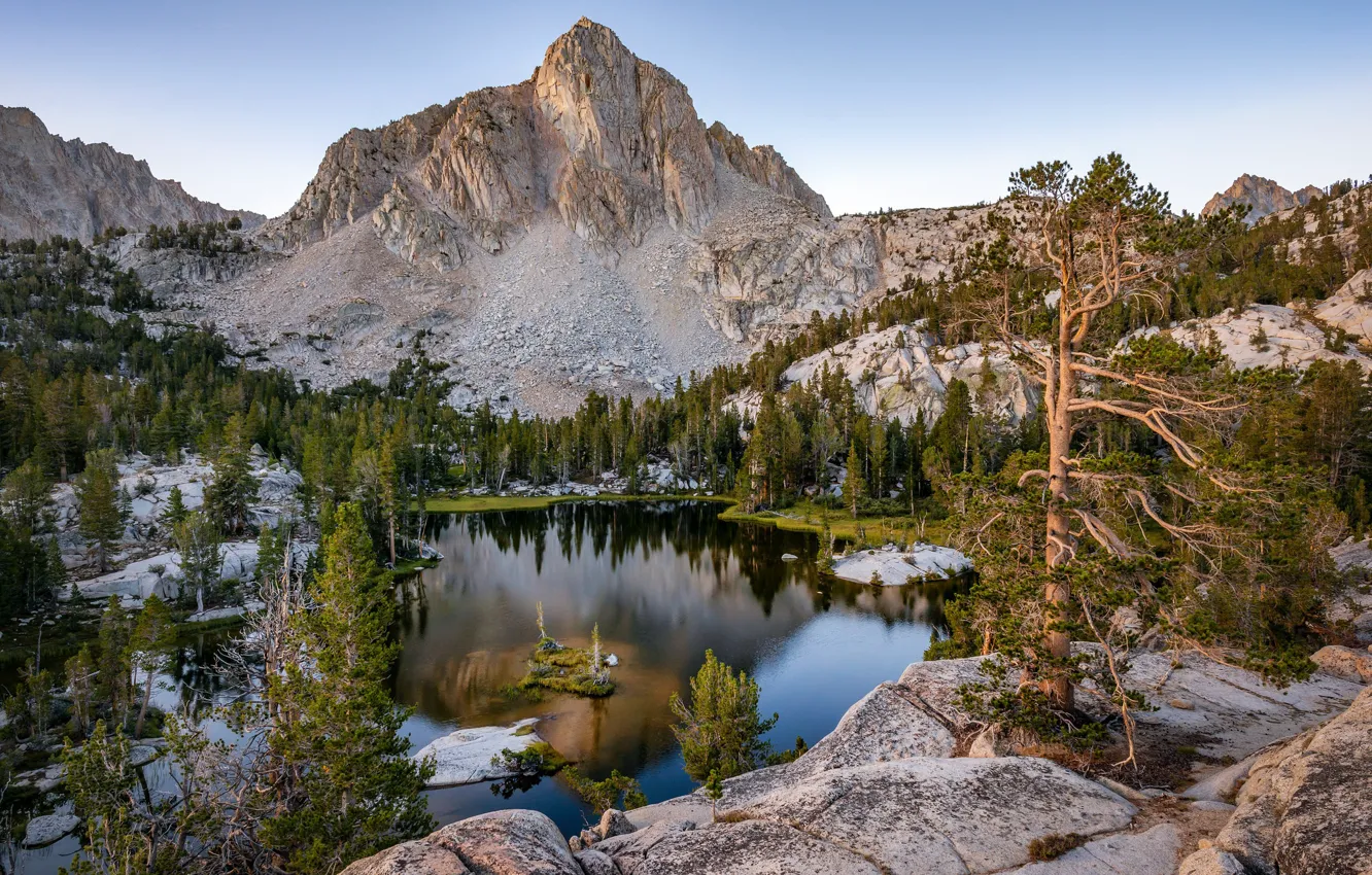 Photo wallpaper trees, mountains, lake, tops, CA, pine, California, Sierra Nevada