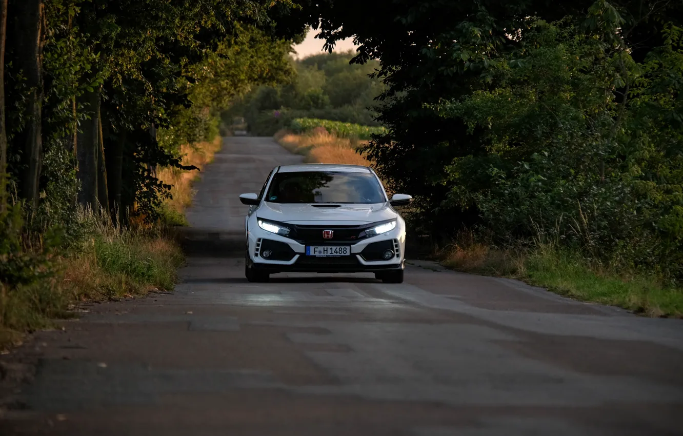 Photo wallpaper road, white, trees, Honda, hatchback, the five-door, 2019, Civic Type R