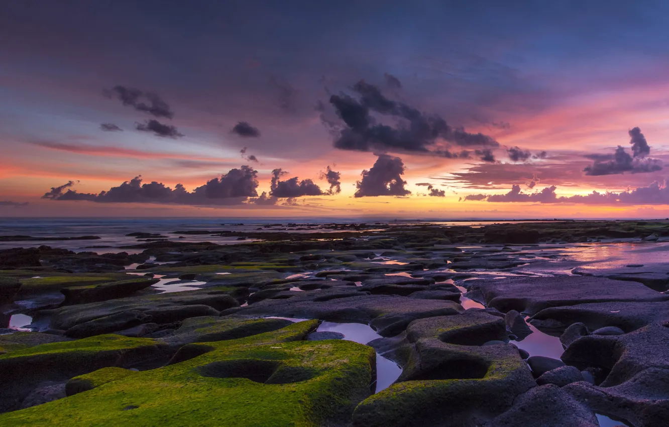 Photo wallpaper sea, the sky, clouds, sunset, stones, the ocean, shore, moss