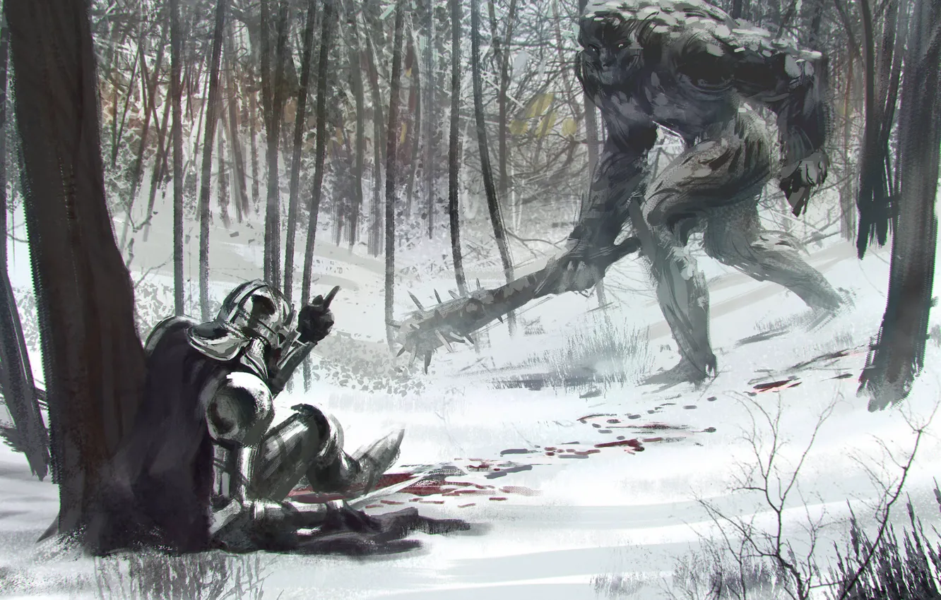 Photo wallpaper blood, fantasy, forest, soldier, armor, trees, club, snow