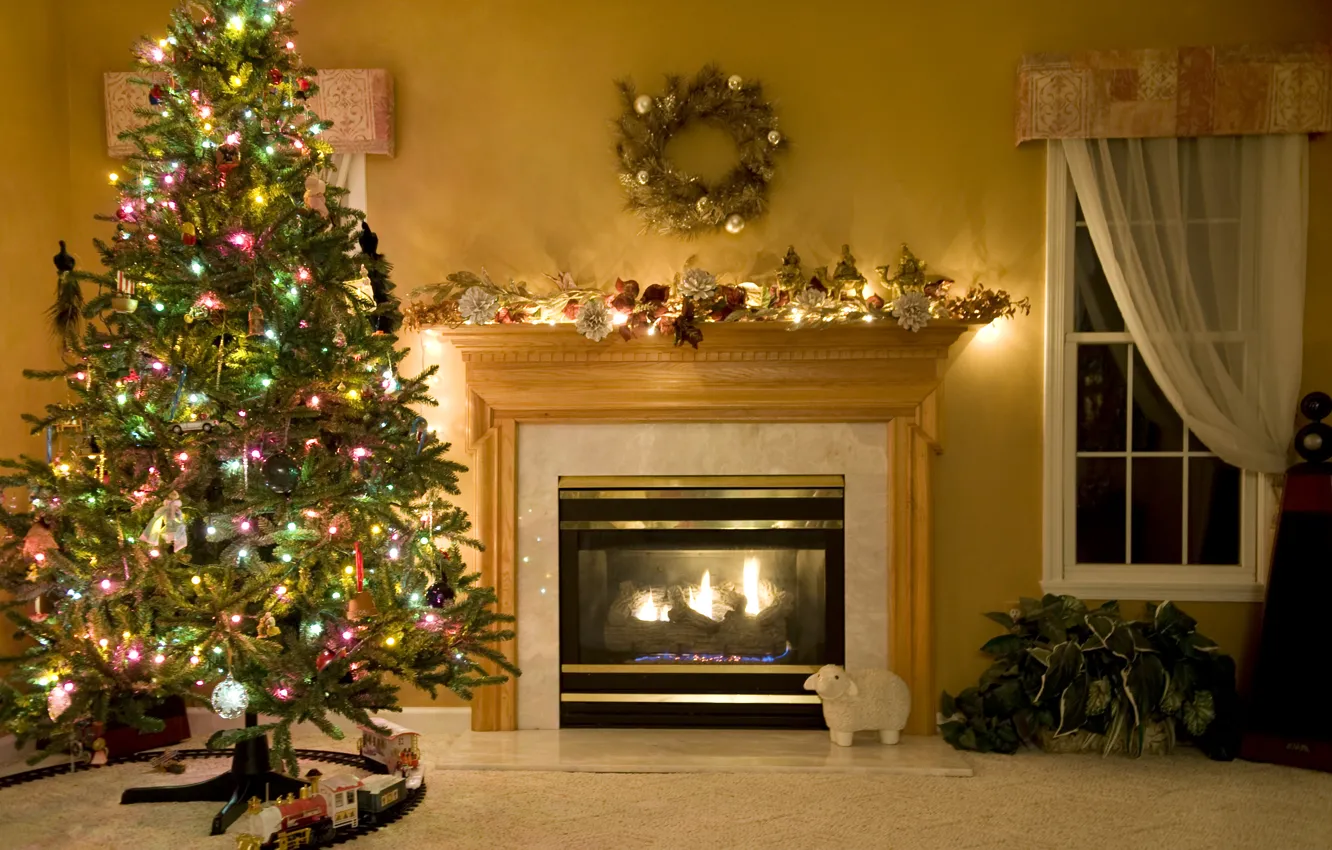 Photo wallpaper decoration, flowers, lights, comfort, room, holiday, tree, window