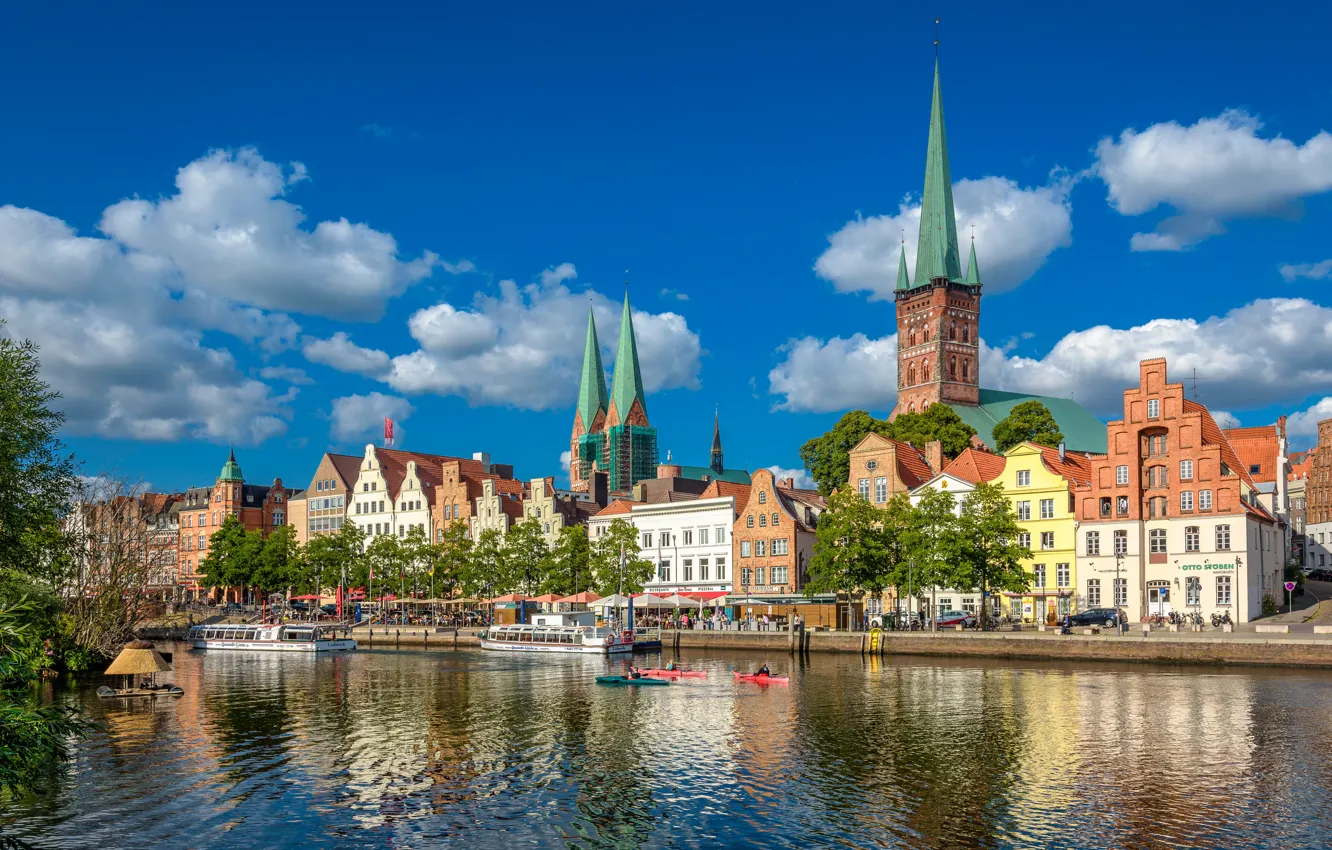 Photo wallpaper the sky, river, building, home, Germany, Lubeck, promenade, Germany