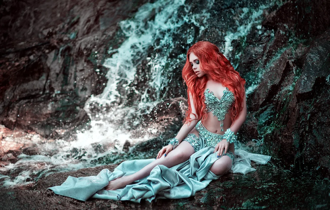 Photo wallpaper girl, pose, style, mood, rocks, waterfall, dress, Maria Lipina