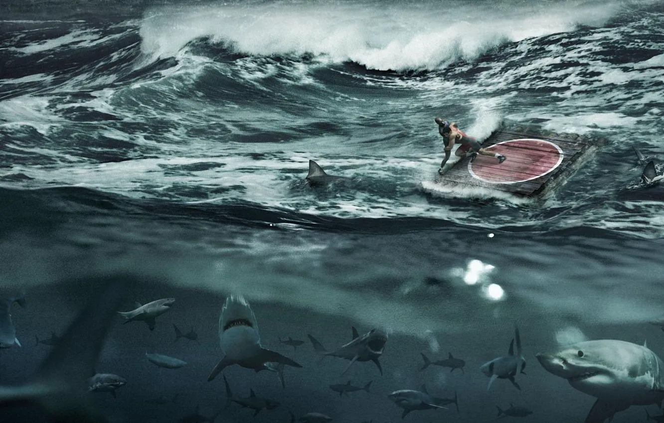 Photo wallpaper sea, wave, storm, shark, wrestlers