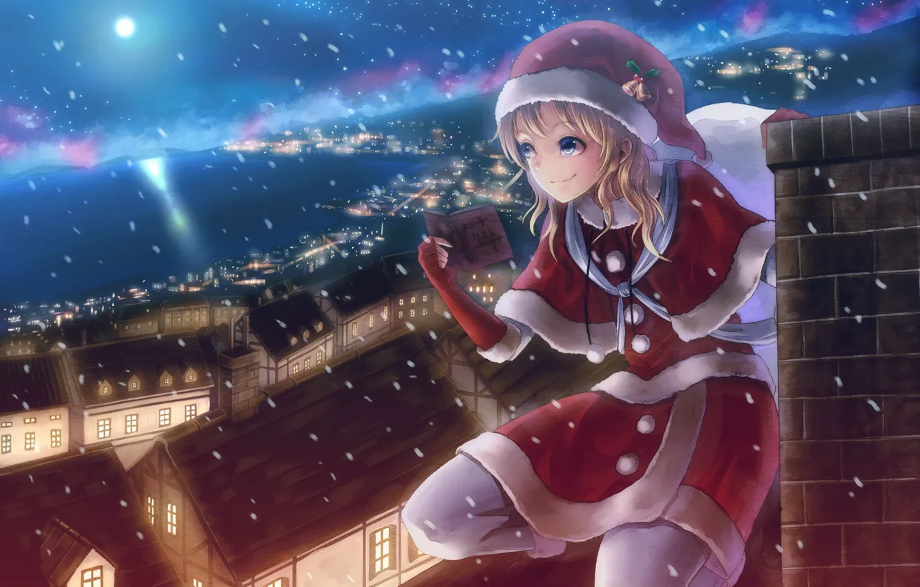 Photo wallpaper roof, night, the city, lights, holiday, new year, anime, pipe