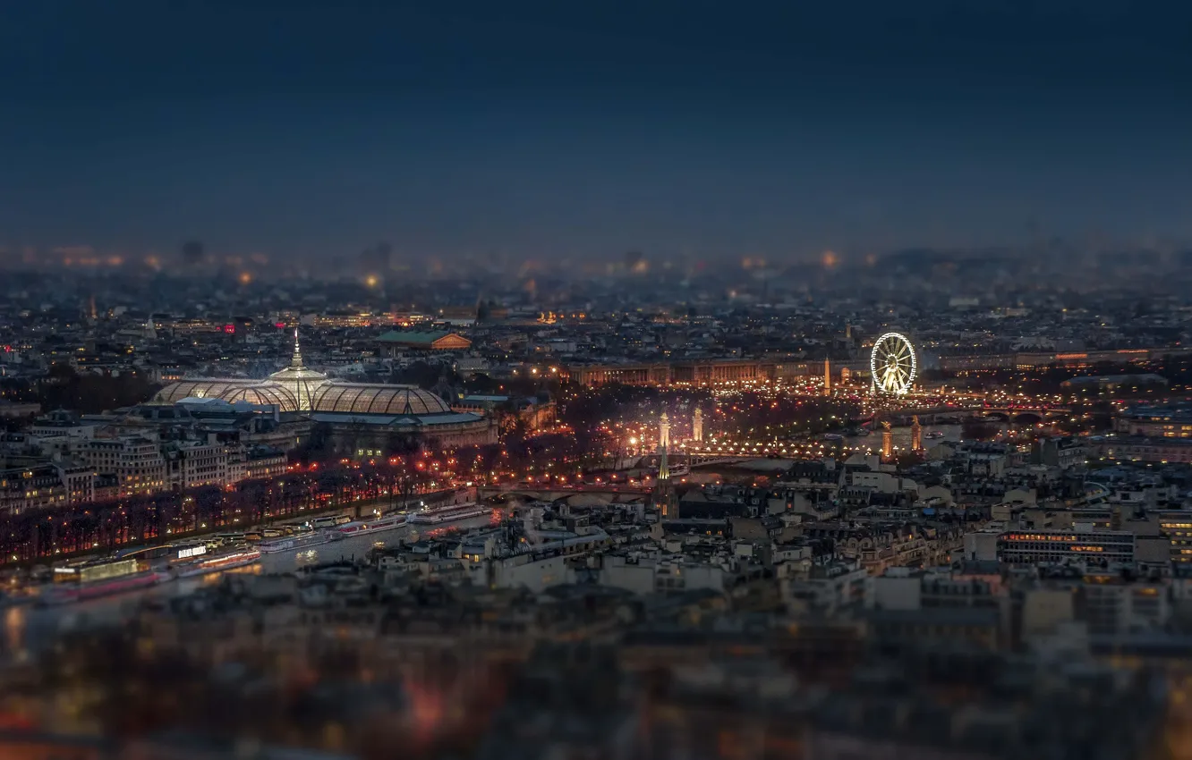 Photo wallpaper lights, Paris, night, France, bridges, street, Ferris Wheel, His