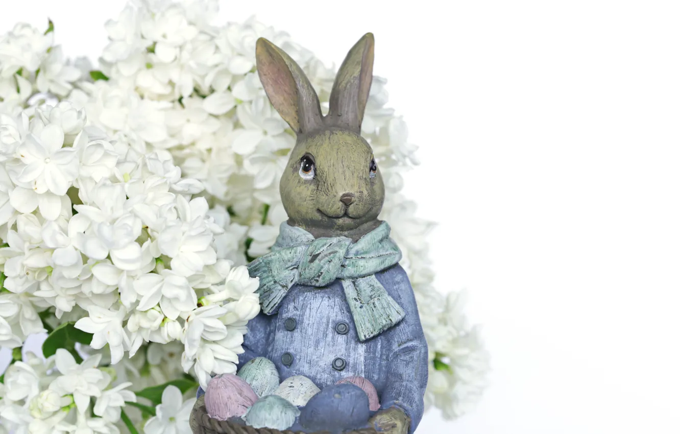 Photo wallpaper white, flowers, holiday, toy, eggs, bouquet, spring, scarf