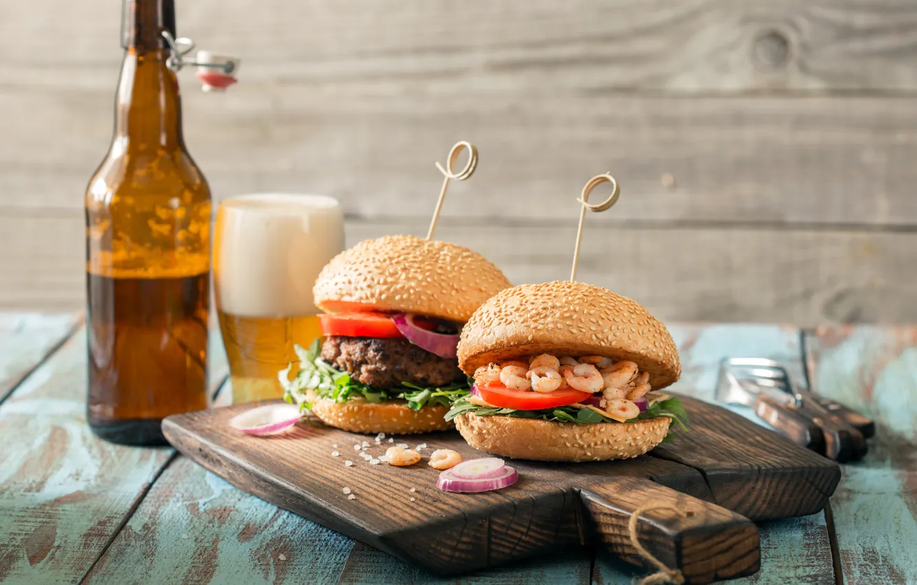 Photo wallpaper glass, table, Board, bottle, beer, hamburger, bokeh, sandwiches