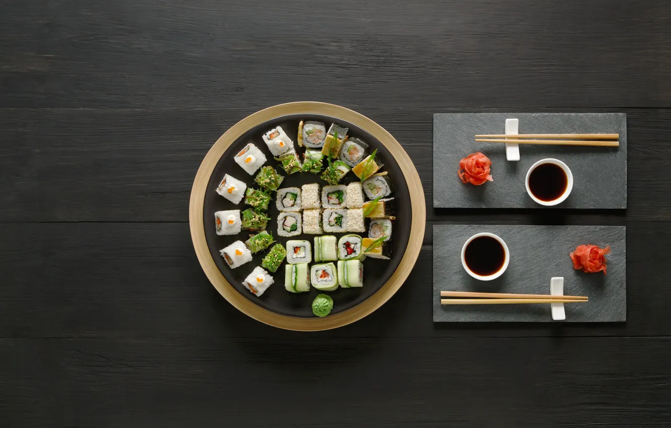 Photo wallpaper sticks, sauce, sushi, sushi, rolls, ginger, set, wasabi
